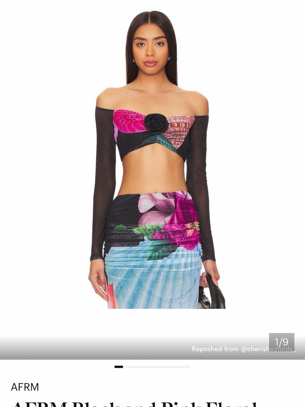 AFRM Black Pink Floral Off-Shoulder Crop Top with Sheer Long Sleeves